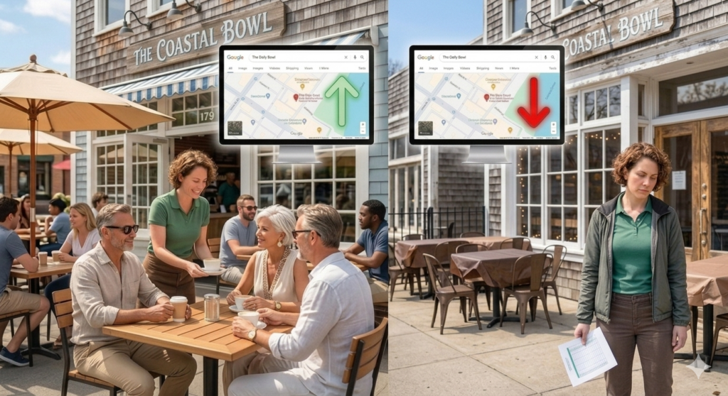 Thriving business with Google Maps ranking well shown in left panel, opposed to right panel showing poor Google Maps ranking.