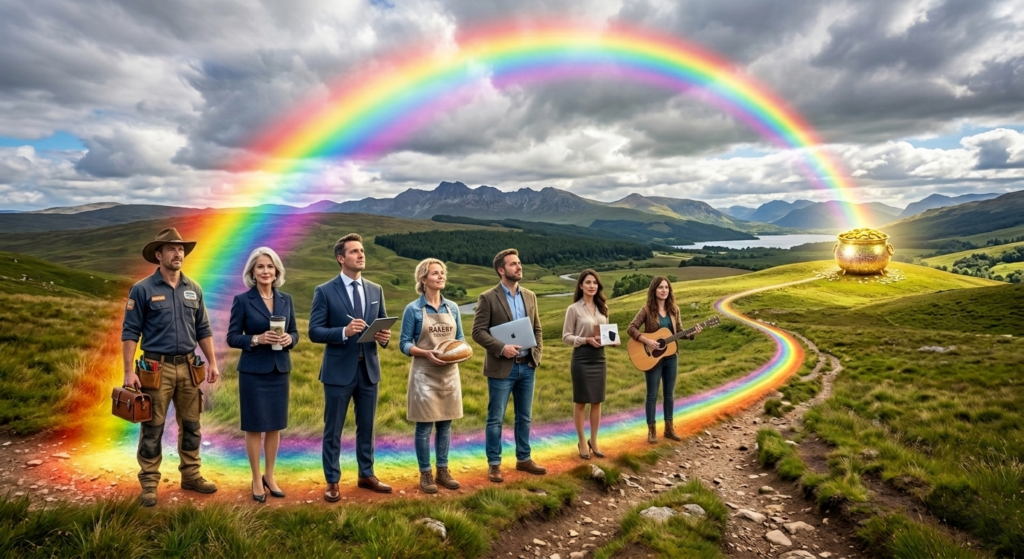 Ai-generated illustration of Sunshine Coast small business owners standing at the end of the rainbow leading to a pot of gold.